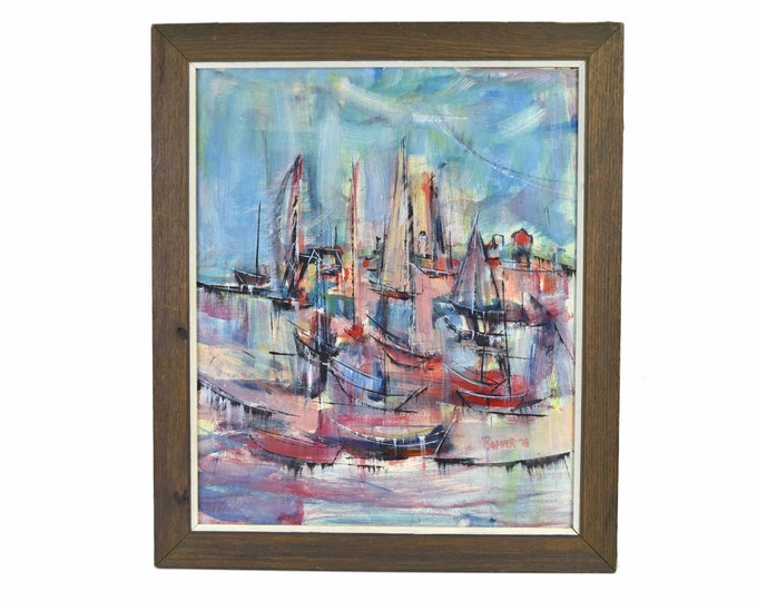 1978 Sailboats in Provincetown Harbor Midcentury Modern Abstract Painting signed Bodner