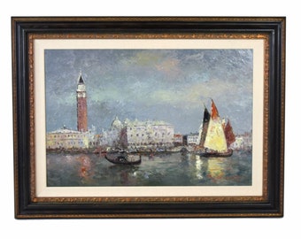 Large Impressionist Oil Painting St. Marks Campanile on Venetian Lagoon Morgan