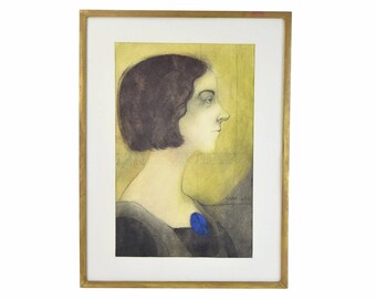 1969 Painting Profile Portrait of Young Woman w Blue Brooch signed Luna