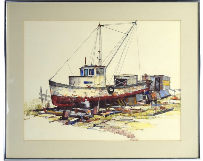 Albert Alfredson “Caulking the Hull” Worker Tending Fishing Boat Oil Crayon