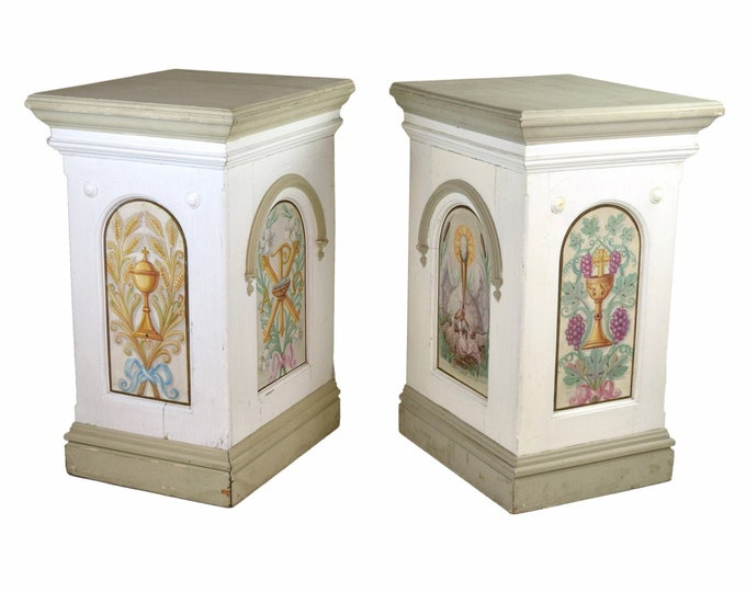 Antique Hand Painted Church Platform Pedestals Storks Wheat Grapes Chalice Christian Catholic Motifs