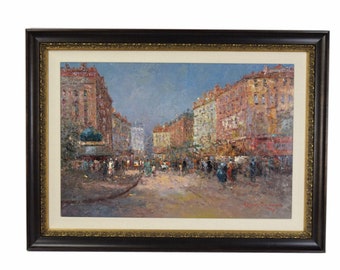 Large Impressionist Oil Painting Parisian Street Scene Morris Column signed Morgan