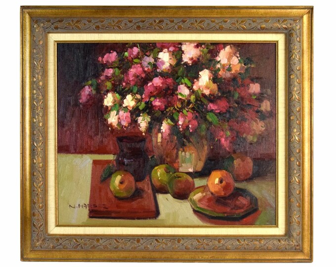 Vintage Impressionist Still Life Painting Vase with Flowers Fruit signed Harper