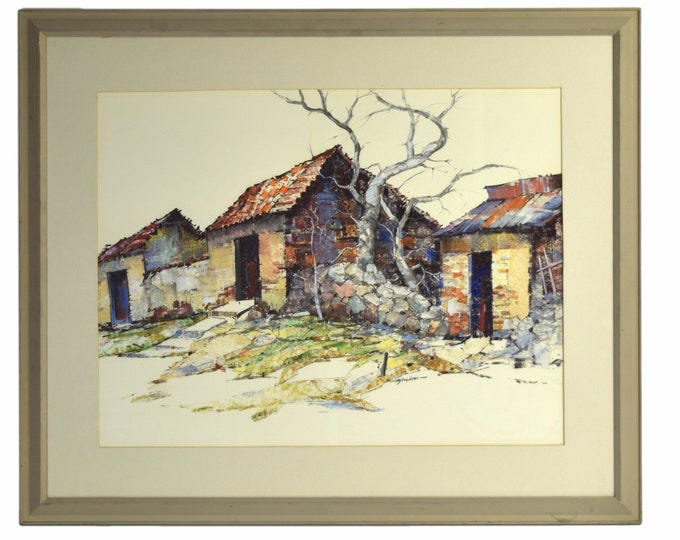 Large Albert Alfredson “Humble Homes” Lake Chapala Mexico Oil Crayon Painting