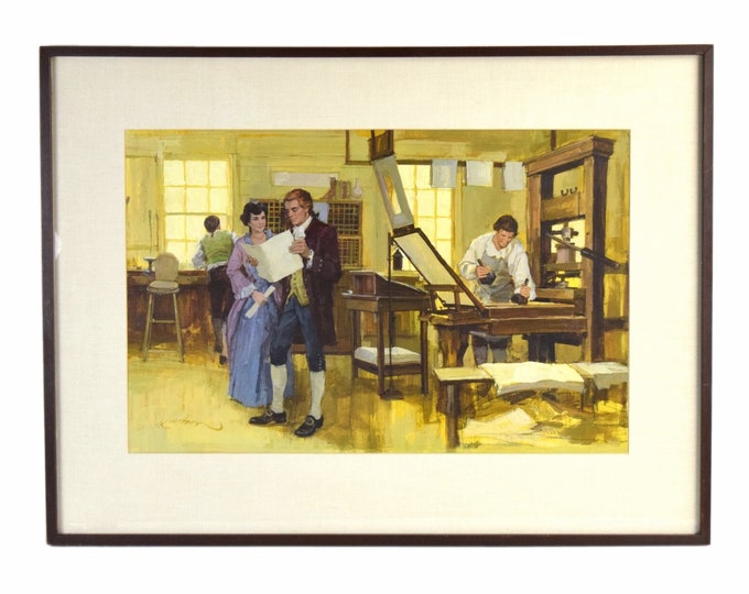 1950’s Painting Illustration Art Interior Colonial American Printers Shop signed