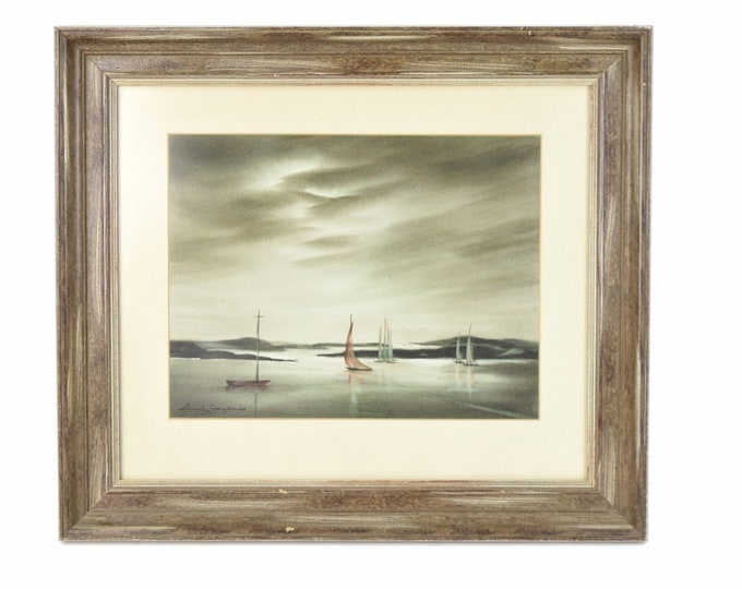 1966 Watercolor Sailboats Under Darkening Skies signed Shirley Jasper Wisconsin Artist