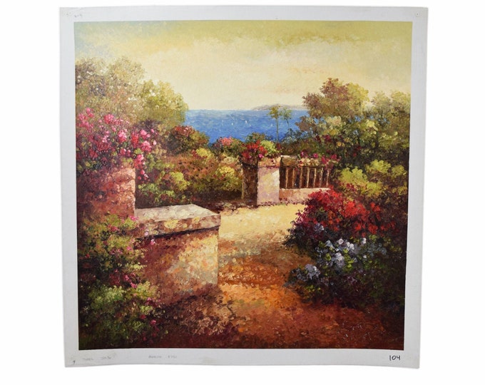 Vintage Original Impressionist Oil Painting Lush Veranda Overlooking Mediterranean