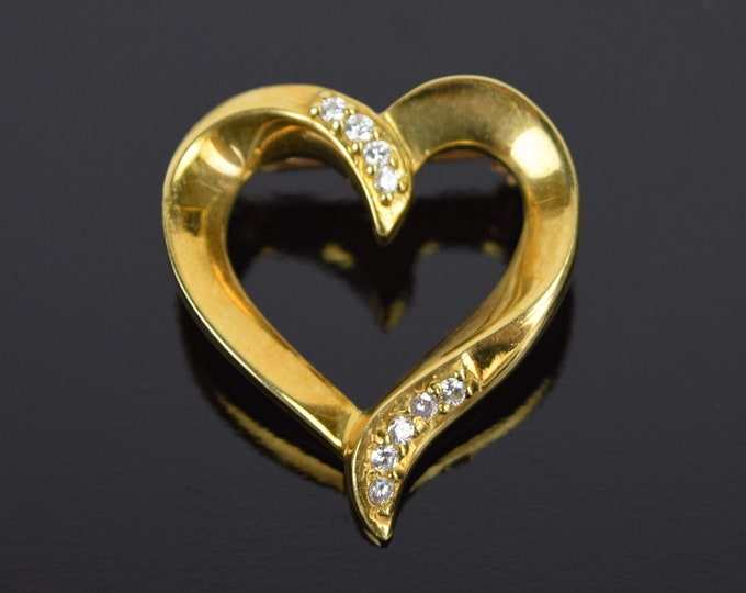 Vintage Estate 14k Solid Yellow Gold w Diamonds Heart Brooch Pendant