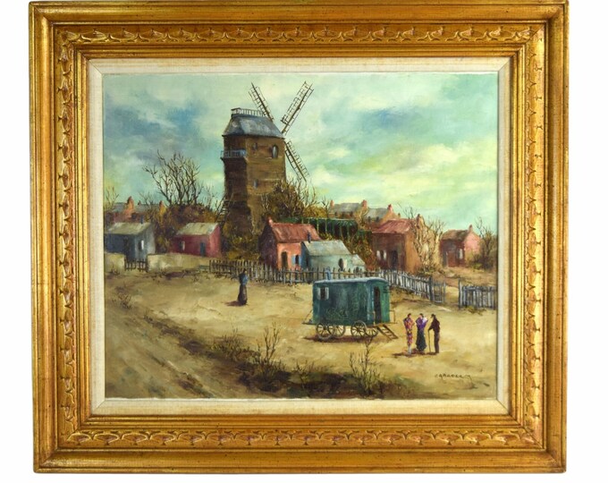 Vintage Marcel Caradec French Oil Painting Travelers in Caravan Wagon Windmill