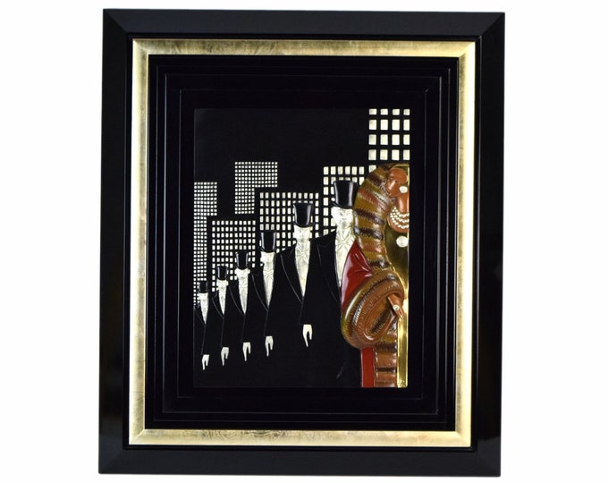 Art Deco Erte "Top Hats" Bronze Wall Sculpture Flapper w Retinue of Tuxedo Men Skyscrapers Signed Limited Edition