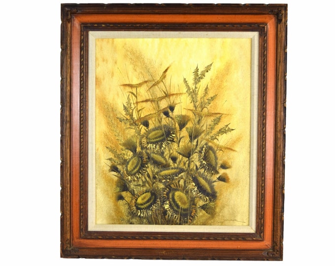 Vintage 1970’s Signed Sepia Oil Painting Still Life Sunflowers in Carved Frame Signed