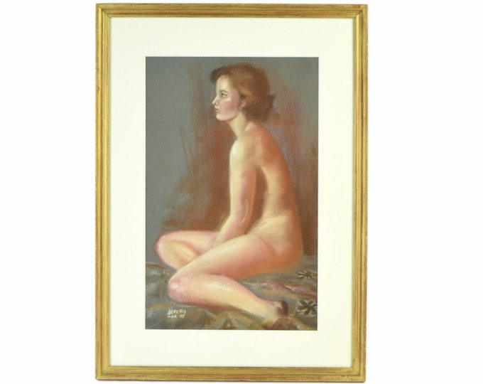 Vintage 1970’s Pastel Painting Profile of Nude Brunette signed Beverly