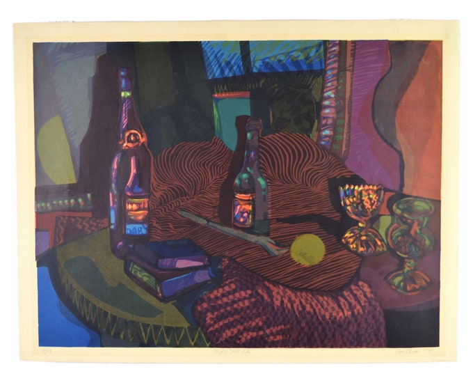 Vintage 1968 Mid-Century Modern Abstract L/E Screenprint Night Still Life Wine Bottles Signed Bob Click