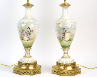 Pair Fine Hand Painted Porcelain Vases Lamps Watteau Style Scenes of Lovers Serenading