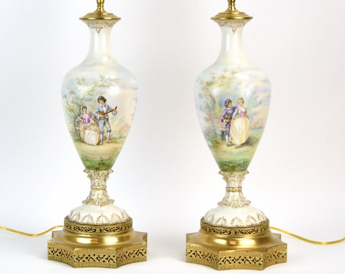 Pair Fine Hand Painted Porcelain Vases Lamps Watteau Style Scenes of Lovers Serenading