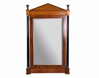 Baker Neoclassical Biedermeier French Empire Wall Mirror Black Lacquer Pillars Exotic Woods