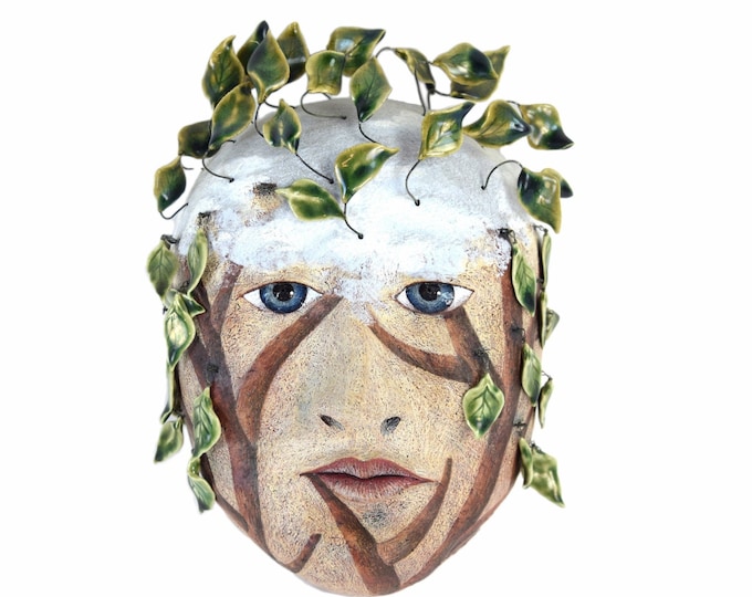 Peggy Bjerkan Art Pottery Mask Face Sculpture w Tree Limbs Leaves Hamadryad