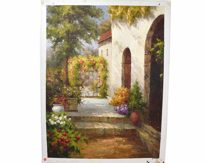 Vintage Impressionist Oil Painting Summer Day in Secluded Spanish Villa Stone Arches signed Owens