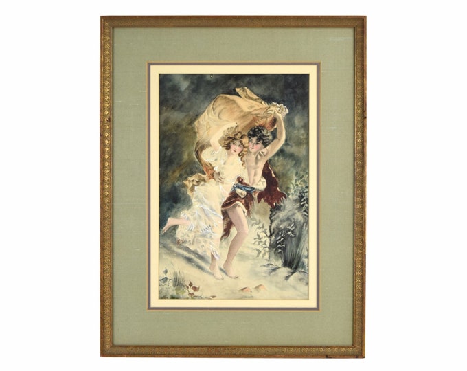 Nubile Couple Fleeing “The Storm” Original Watercolor Painting after Pierre A. Cot