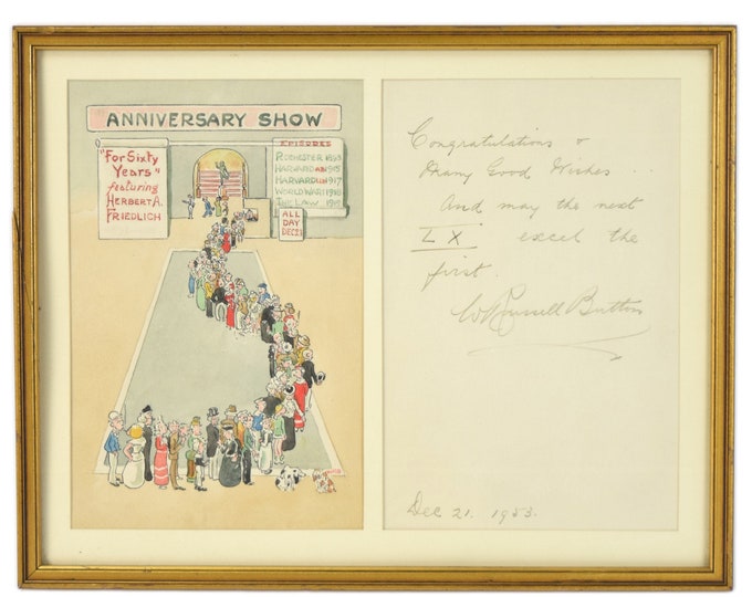 1953 William Russell Button Midcentury Watercolor Painting “Anniversary Show” Art Exhibition Opening w Long Line