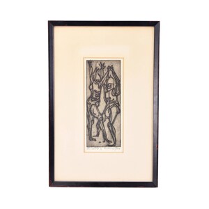 Vintage Surrealist Abstracted Woodcut Print of Armored Figures in Combat image 1