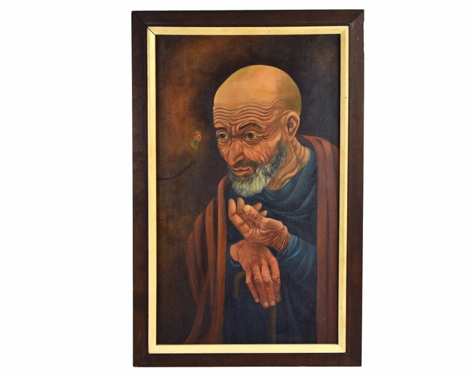 Vintage Mid-Century Oil Painting Contemplative Monk with Butterfly Kingo Fujii Hawaii Artist