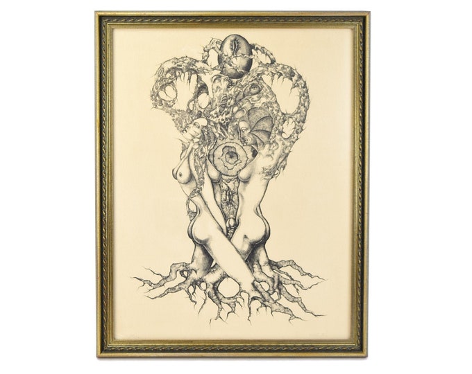 1969 Erotic Surrealist Etching Nudes Amongst Hidden Imagery signed Darow