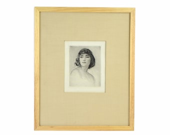 1920’s Etching Portrait Bare Shouldered Woman w Bobbed Hair Arthur Garratt