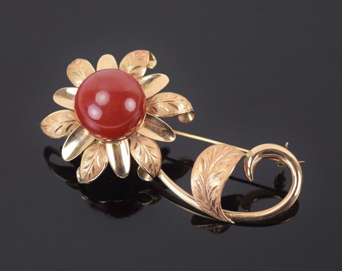 Large Vintage Modern Bright Cut 14k Solid Gold Flower Brooch w Large Carnelian Center