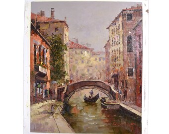Impressionist Oil Painting Venetian Canal with Bridge and Gondola signed Morgan
