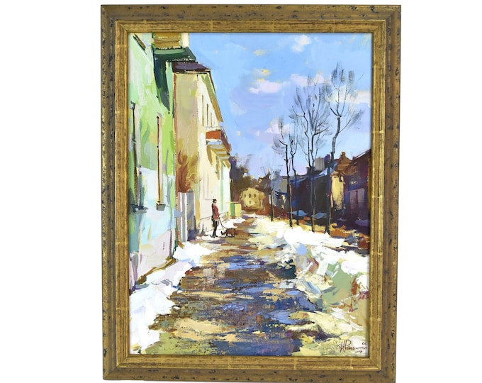 Ukrainian Oil Painting “Spring Walk” Woman walking Dog signed Romanchuk 2006