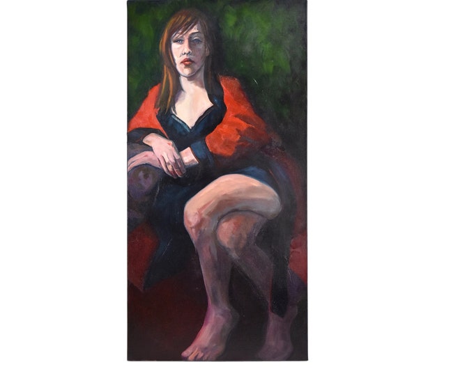 Portrait Seated Woman in Red Robe Oil Painting Lenell Chicago Artist