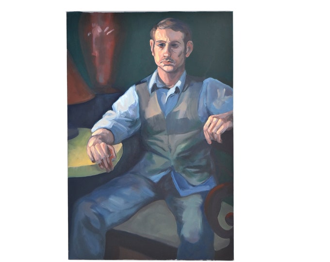 Portrait Seated Handsome Man in Vest Oil Painting Lenell Chicago Artist