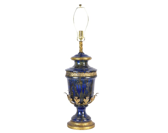Vintage Hollywood Regency Cobalt Blue Art Pottery Gilt Metal Lamp