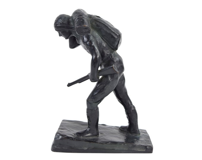 1930s Depression Era Bronze Sculpture Hunter w Backpack Carrying Rifle signed Laboyteaux