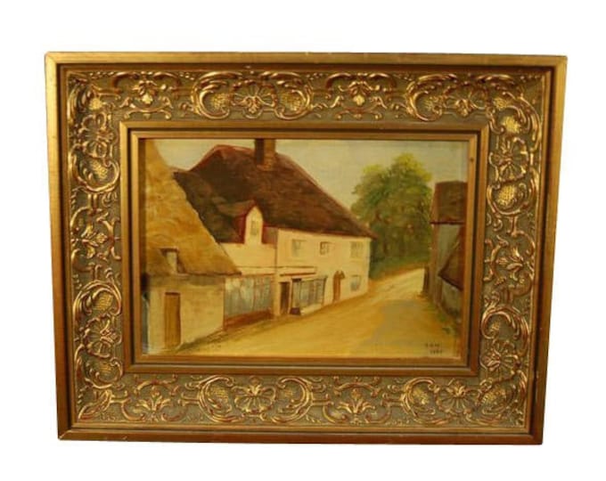 Enchanting English Village w Thatch Roofs Impressionist Oil Painting Signed dated 1929