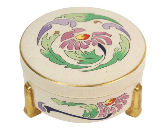 1910 Art Nouveau Atlan Style Hand Painted Enameled Dresser Jar signed Ledwich