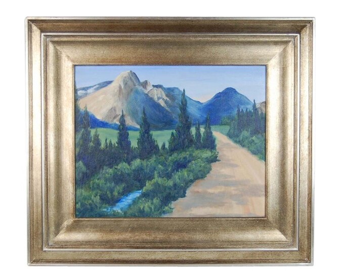 Vintage American Landscape Oil Painting Dirt Road Leading to Mountains