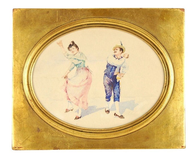 Antique 19th C. Watercolor Painting Gypsy Dancer Couple in Traditional Costume Folk Dancing