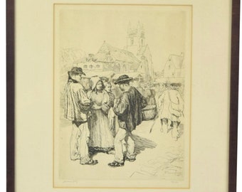 1908 Etching Peasants in Traditional Clothing at Farmer’s Market Quimper France