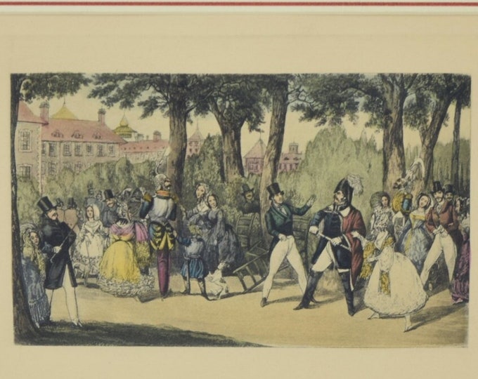 Original Antique Hand Colored Engraving Gentlemen Dueling Fighting in Park by Alken