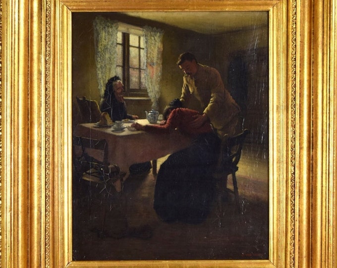 Leonard Frank Skeats English Genre Painting WWI Era Army Officer Consoling Grieving Widow