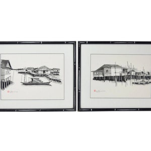 Pair Pen & Ink Watercolor Paintings Malaysian Fishing Village Scene by L. L. Wee image 1