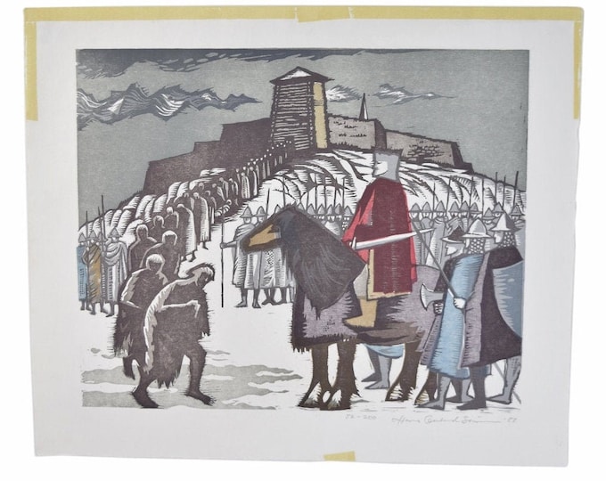 Midcentury Modern Woodblock Print “King at Tonsberg” L/E sgd Hans Gerhard Sorensen