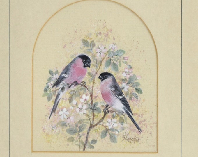 Diane Elson Finely Rendered Miniature Painting of Birds Among Blossoms