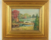 Antique Oil Painting of Rolling Landscape with Bridge over Stream