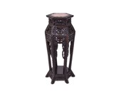Antique Chinese Export Carved Rosewood w Marble Plant Stand