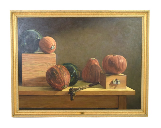 Large Naturalistic Still Life “Pumpkin and Glass Balls” James Disrud Chicago 1992