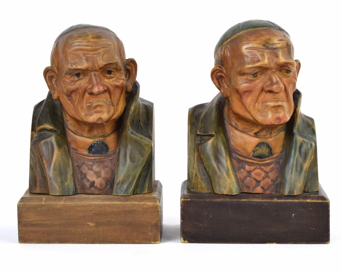 Antique Austrian Carved Wood Bookends Serious Old Man in Beanie Cap