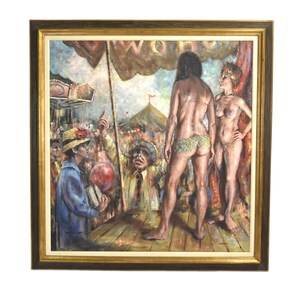 Richard Hauser Oil Painting Traveling Burlesque Dancers w Carnival Barker and Crowd image 1